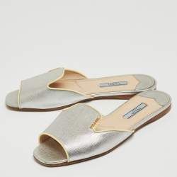 Pre Owned Prada Silver Saffiano Leather Flat Slides Size 37.5