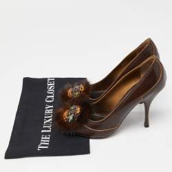 Pre Owned Prada Brown Leather Crystal Embellished Peep Toe Pumps Size 35.5