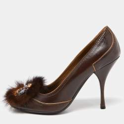 Pre Owned Prada Brown Leather Crystal Embellished Peep Toe Pumps Size 35.5