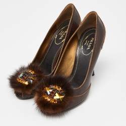 Pre Owned Prada Brown Leather Crystal Embellished Peep Toe Pumps Size 35.5