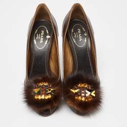 Pre Owned Prada Brown Leather Crystal Embellished Peep Toe Pumps Size 35.5