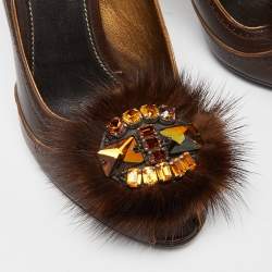 Pre Owned Prada Brown Leather Crystal Embellished Peep Toe Pumps Size 35.5