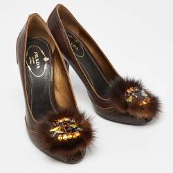 Pre Owned Prada Brown Leather Crystal Embellished Peep Toe Pumps Size 35.5