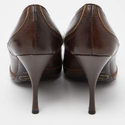 Pre Owned Prada Brown Leather Crystal Embellished Peep Toe Pumps Size 35.5