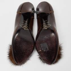 Pre Owned Prada Brown Leather Crystal Embellished Peep Toe Pumps Size 35.5