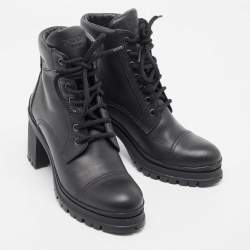 Prada Black Leather Lace Up Ankle Boots Size 39