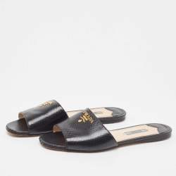 Prada Black Python Embossed Leather Flat Slide Sandals Size 37.5