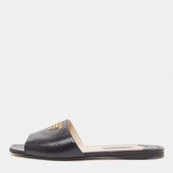 Prada Black Python Embossed Leather Flat Slide Sandals Size 37.5
