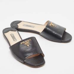 Prada Black Python Embossed Leather Flat Slide Sandals Size 37.5