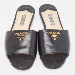 Prada Black Python Embossed Leather Flat Slide Sandals Size 37.5