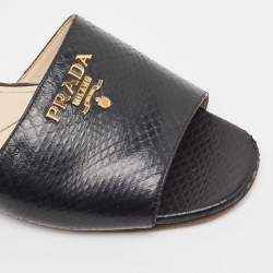 Prada Black Python Embossed Leather Flat Slide Sandals Size 37.5