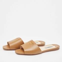Pre Owned  Prada Brown Saffiano Leather Logo Embellished Flat Slides Size 37.5