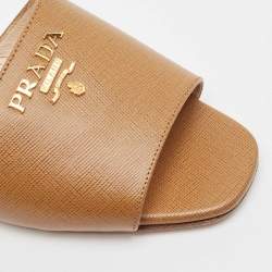 Pre Owned  Prada Brown Saffiano Leather Logo Embellished Flat Slides Size 37.5