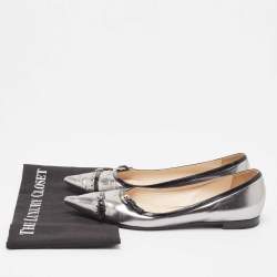 Pre Owned Prada Silver/Black Patent and Leather Buckle Detail Pointed Toe Ballet Flats Size 38.5