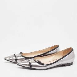 Pre Owned Prada Silver/Black Patent and Leather Buckle Detail Pointed Toe Ballet Flats Size 38.5