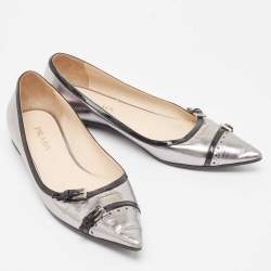Pre Owned Prada Silver/Black Patent and Leather Buckle Detail Pointed Toe Ballet Flats Size 38.5