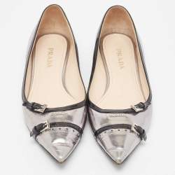 Pre Owned Prada Silver/Black Patent and Leather Buckle Detail Pointed Toe Ballet Flats Size 38.5