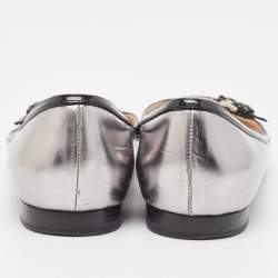 Pre Owned Prada Silver/Black Patent and Leather Buckle Detail Pointed Toe Ballet Flats Size 38.5