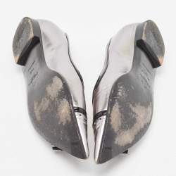 Pre Owned Prada Silver/Black Patent and Leather Buckle Detail Pointed Toe Ballet Flats Size 38.5