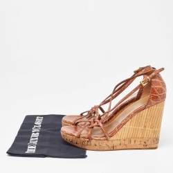 Prada Brown Alligator Bamboo Element Wedge Sandals Size 37.5