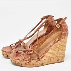 Prada Brown Alligator Bamboo Element Wedge Sandals Size 37.5
