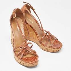 Prada Brown Alligator Bamboo Element Wedge Sandals Size 37.5