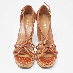 Prada Brown Alligator Bamboo Element Wedge Sandals Size 37.5
