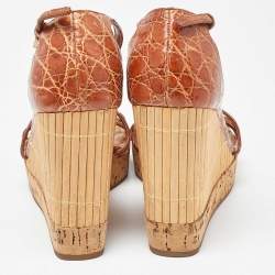 Prada Brown Alligator Bamboo Element Wedge Sandals Size 37.5