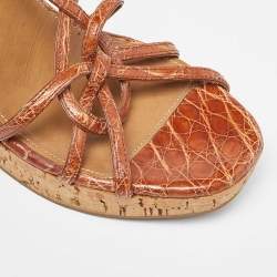 Prada Brown Alligator Bamboo Element Wedge Sandals Size 37.5