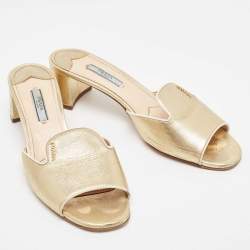 Pre Owned Prada Gold Leather Slide Sandals Size 39.5