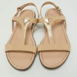 Prada Beige Patent Leather Flat Sandals Size 39