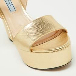 Prada Gold Leather Ankle Strap Block Heel Platform Sandals Size 36