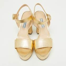 Prada Gold Leather Ankle Strap Block Heel Platform Sandals Size 36