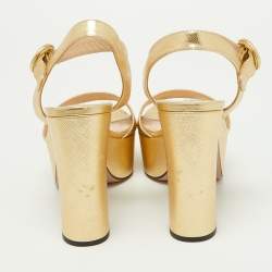 Prada Gold Leather Ankle Strap Block Heel Platform Sandals Size 36