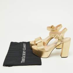 Prada Gold Leather Ankle Strap Block Heel Platform Sandals Size 36
