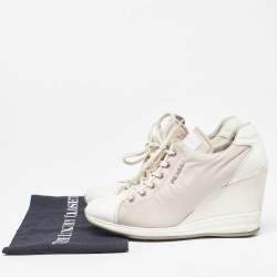 Pre Owned Prada Sport Beige/White Nylon and Leather Wedge High Top Sneakers Size 38