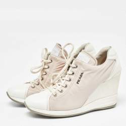 Pre Owned Prada Sport Beige/White Nylon and Leather Wedge High Top Sneakers Size 38