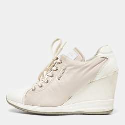 Pre Owned Prada Sport Beige/White Nylon and Leather Wedge High Top Sneakers Size 38