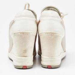 Pre Owned Prada Sport Beige/White Nylon and Leather Wedge High Top Sneakers Size 38