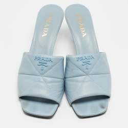 Prada Blue Quilted Leather Logo Slide Sandals Size 38.5