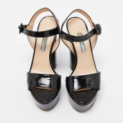 Prada Black Vernice Saffiano Leather Platform Ankle Strap Sandals Size 36