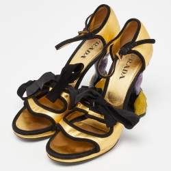 Prada Gold/Black Leather and Suede Floral Heel Ankle Strap Sandals Size 37.5