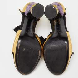 Prada Gold/Black Leather and Suede Floral Heel Ankle Strap Sandals Size 37.5