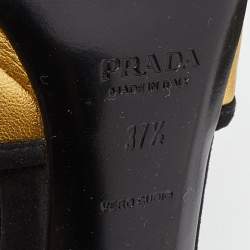 Prada Gold/Black Leather and Suede Floral Heel Ankle Strap Sandals Size 37.5