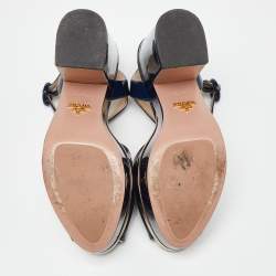 Prada Navy Blue Patent Leather Platform Ankle Strap Sandals Size 38.5