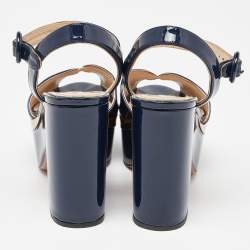 Prada Navy Blue Patent Leather Platform Ankle Strap Sandals Size 38.5