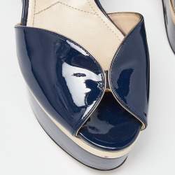 Prada Navy Blue Patent Leather Platform Ankle Strap Sandals Size 38.5
