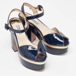 Prada Navy Blue Patent Leather Platform Ankle Strap Sandals Size 38.5