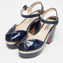 Prada Navy Blue Patent Leather Platform Ankle Strap Sandals Size 38.5