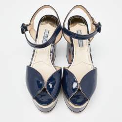 Prada Navy Blue Patent Leather Platform Ankle Strap Sandals Size 38.5